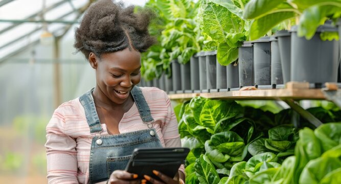 A african american woman farmer carefully examines plants growing on a vertical rack hydroponic farm. An agricultural technician works on a tablet. Analyzes the growth and condition of seedlings. - Powered by Adobe