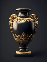 A black antique vase decorated with gold. Beautiful old amphor from the museum on the black background.	
