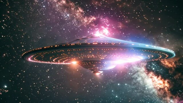 
UFO, an alien saucer floating above the stars