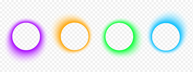 Set of blurry round frames. Circle shapes with purple, orange, blue and green neon gradient borders isolated on transparent background. Abstract design elements with empty space. Vector illustration.