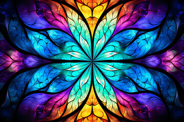Vibrant fractal patterns background. Kaleidoscopic art fusion with stained glass effect and colorful spectrum. Fractal designs meeting kaleidoscope art in a stained glass style. Dynamic fractal beauty