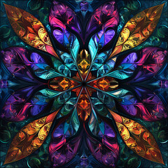 Dazzling fractals background with analogous colors and stained glass effect, perfect for artistic and symmetrical designs. Ornamental elegance. Fractal patterns background. Stained glass inspirations.