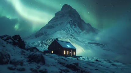 Fototapete Rund Isolated cabin under the aurora borealis in a snowy mountain landscape © tiagozr