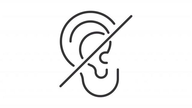 Deafness line animation. Animated crossed out ear icon. Audiological condition. Hard of hearing. Black illustration on white background. HD video with alpha channel. Motion graphic