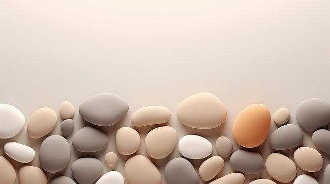 Various pebbles arranged on colorful gradient background, peaceful and calm