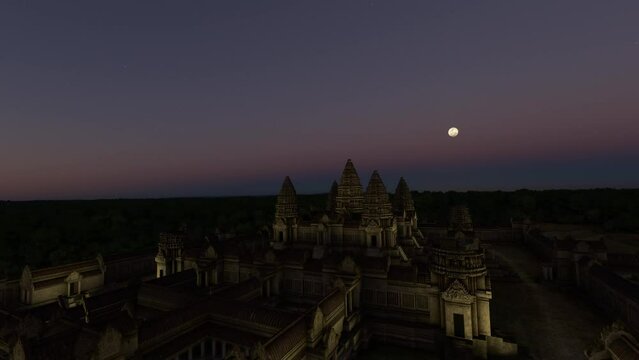 Night aerial drone view of Siem Reap at Angkor Wat Temple. Cambodia