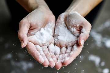 Hands dampening powdered face wash as part of Waterless Self Care routine.