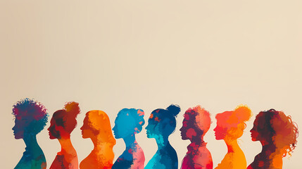 Colorful silhouettes of diverse people profiles on a light background - obrazy, fototapety, plakaty