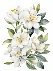 Obraz premium Jasmine flower clipart , white flowers on a white background, jasmine painting by watercolor