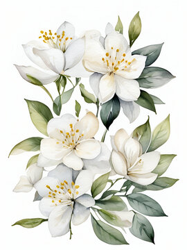 Jasmine flower clipart , white flowers on a white background, jasmine painting by watercolor