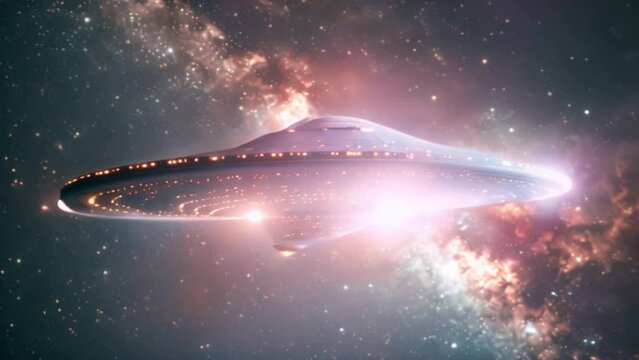 
UFO, an alien saucer floating above the stars