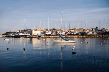Harbour background. Many sailboats background. Expensive yachts in port. Seashore vacation...