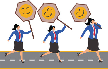 Starting the day full of energy and dynamism, positive emotions, happy work, happy life, start the day off right, the businesswomen ran forward with placards of smiling faces in their hands