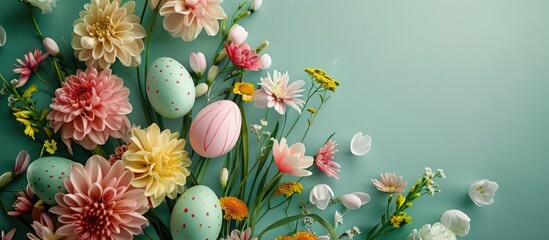flat lay arrangement for Easter with vibrant Easter eggs and flowers against a soft green backdrop, featuring an Easter card design. - obrazy, fototapety, plakaty