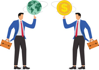 Global economic experts, global business opportunities, global economic overlords, global economic forecasts, the earth and gold coins spinning on a businessman's index finger