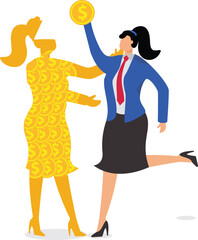 Affluence, rich businesswomen, excess wealth, financial corruption, bribery, unfairness of wealth, stout pants filled with gold coins inside