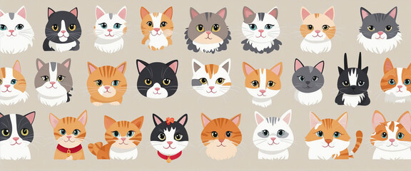 Funny cat animal head cartoon set in modern flat illustration style. Cute kitten pet collection, diverse breeds - domestic cats bundle colorful background