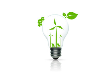 Green energy concept with light bulb and green environmental icons on white background.
