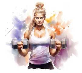 Watercolor sketch. Beautiful muscular female athlete with dumbbells - 766878934