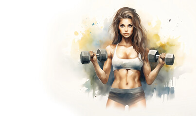 Watercolor sketch. Beautiful muscular female athlete with dumbbells - 766878940