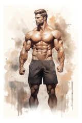 Watercolor sketch. Brutal muscular athlete athlete - 766878967