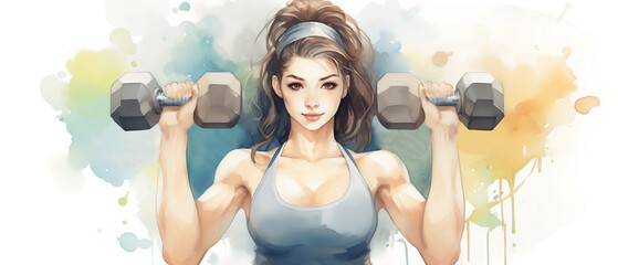 Watercolor sketch. Beautiful muscular female athlete with dumbbells - 766878975