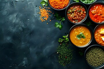 A variety of colorful Indian dishes including curry butter chicken paneer rice lentils and samosas. Concept Indian Cuisine, Variety of Dishes, Colorful Ingredients, Flavorful Spices