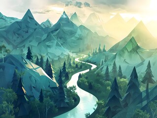 Low Poly Forest and Mountain River Animation, To provide a visually appealing and unique background for gaming or desktop wallpaper - obrazy, fototapety, plakaty