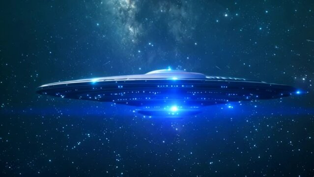
UFO, an alien saucer floating above the stars