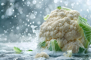 Fresh cauliflower with water droplets against a blurred background - obrazy, fototapety, plakaty