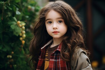 Portrait of a cute little girl with long curly hair in a checkered jacket.