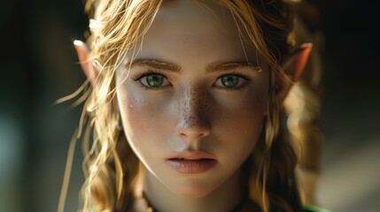 Fototapeta premium Blonde elf girl with green eyes and pointed ears. Mystical creature from fairy tale, portrait. Close-up face of attractive young woman. Magic forest background. Mythical female pixie. Fairy costume.
