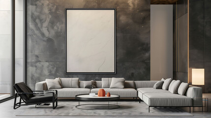 Living room interior with blank poster frame mockup.