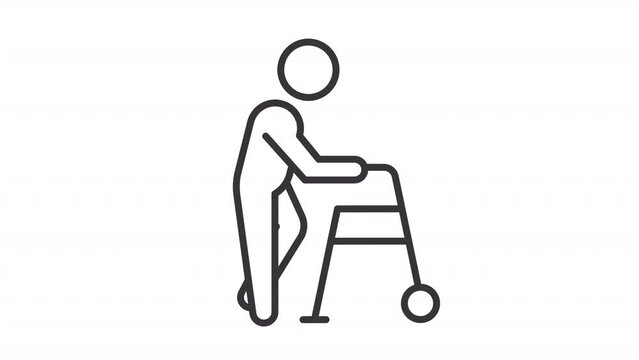 Animated walker icon. Elderly assistance equipment line animation. Mobility aid for people with disability. Black illustration on white background. HD video with alpha channel. Motion graphic