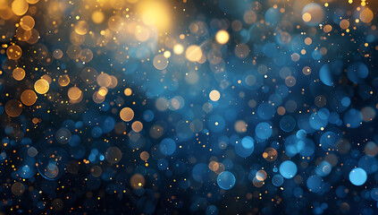 Abstract gold and navy blue background with sparkling particles