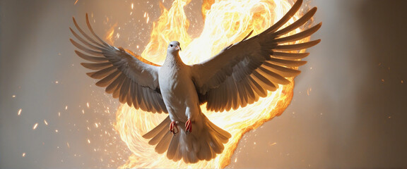 Winged dove in flames, a representation of the New Testament Holy Spirit with copy space colorful background - obrazy, fototapety, plakaty