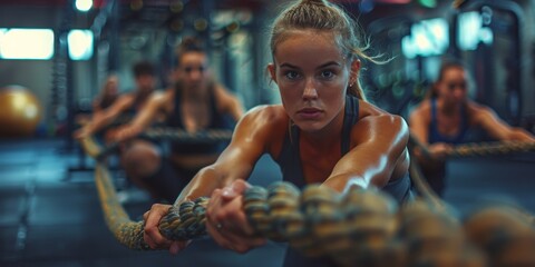 Fitness scene with individuals vigorously working out with ropes, capturing the intensity and dedication of their training - obrazy, fototapety, plakaty
