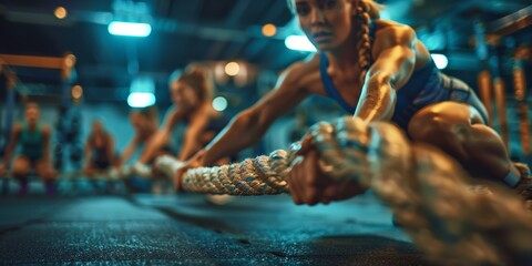 Fitness scene with individuals vigorously working out with ropes, capturing the intensity and dedication of their training - obrazy, fototapety, plakaty