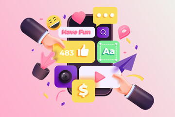 3D Social media platform, online social communication applications concept, emoji, hearts, chat and chart with smartphone background. 3d Vector illustration - 766880326