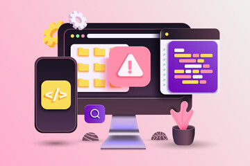 Web UI-UX design, web development concept. Web design, application design, coding, and web building on pink background. 3d Vector Illustration - 766880333
