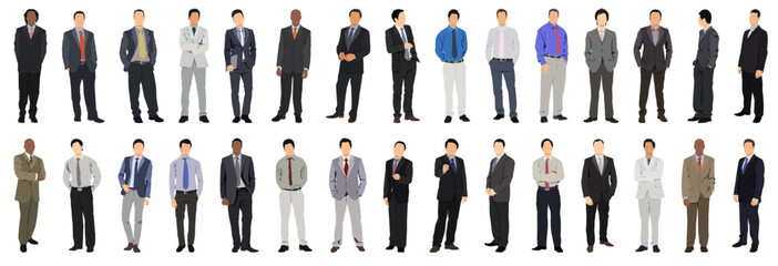 Set or collection of business people. Businessman standing on isolated white back ground.	