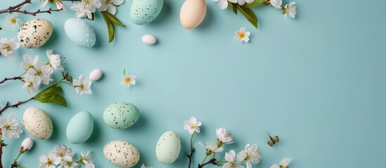Composition of Easter eggs and flowers on a pastel blue background with a blank paper, showcased in a flat lay style with a top view and space for text. - obrazy, fototapety, plakaty