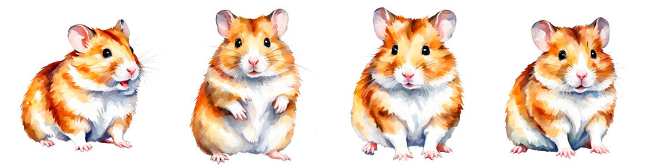 Cute hamster watercolor illustration, Set of 4 hamster, different poses, pet, animal, orange, for scrapbook, journal, presentation, cutout on white background