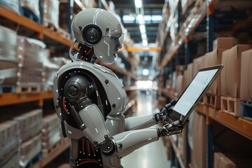 Futuristic android robot navigating and working with tablet in modern warehouse, concept of roboticized warehouses. Advanced robotics and automation in inventory management.