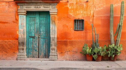 Traditional architecture with orange house with old wooden green door and on street - obrazy, fototapety, plakaty