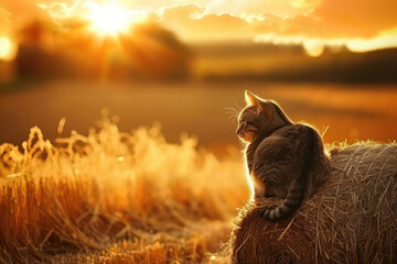 Serene Sunset Serenade With a Contemplative Cat on a Straw Bale in the Countryside - 766880931