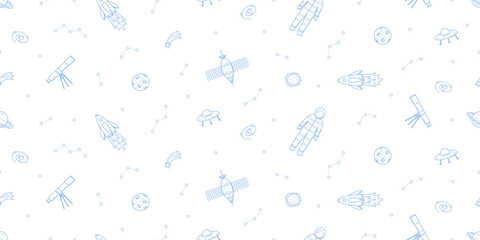 Cosmos doodle is a set of vector illustrations. Seamless pattern icons of space elements rocket cosmonaut stars satellite telescope comet. - 766880944