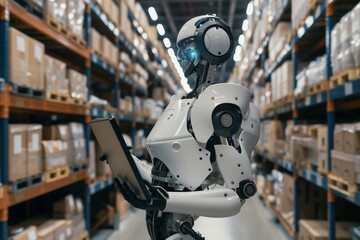 Fototapeta premium Futuristic android robot navigating and working with tablet in modern warehouse, concept of roboticized warehouses. Advanced robotics and automation in inventory management.