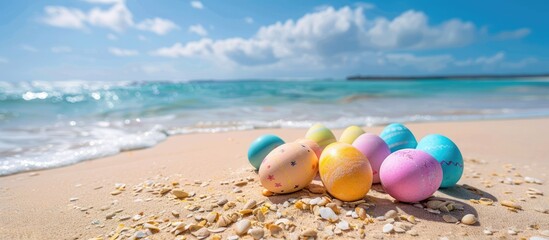 Fototapeta na wymiar Easter decorations set against a tropical beach backdrop, featuring eggs spread out on the sandy shore. Reflecting themes of vacation and travel.