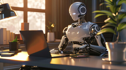  a humanoid robot is sitting at a desk, working on a laptop - obrazy, fototapety, plakaty